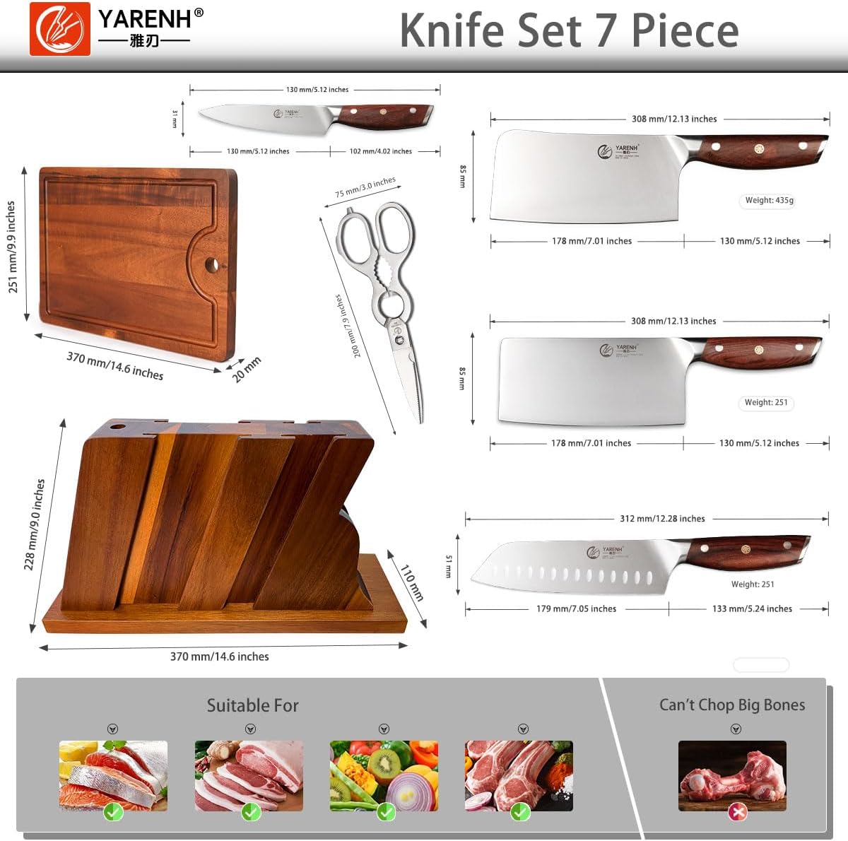 German 1.4116 Steel Kitchen Chef Knife Set 7 Piece - SZD Series yarenh kitchen knife set