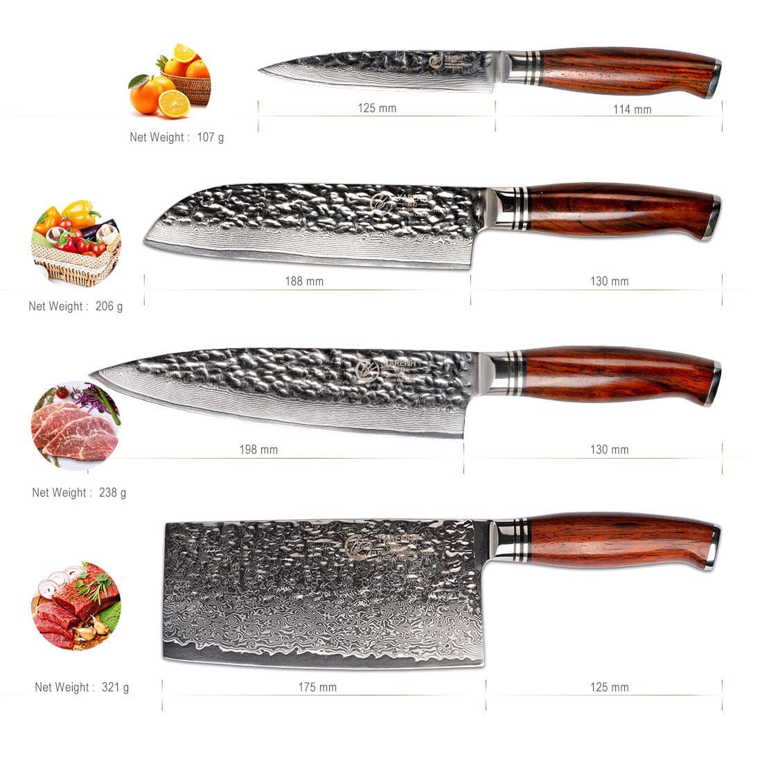 Damascus Chef knife Set with Block 5 Piece-HTT Series yarenh Damascus kitchen knife set
