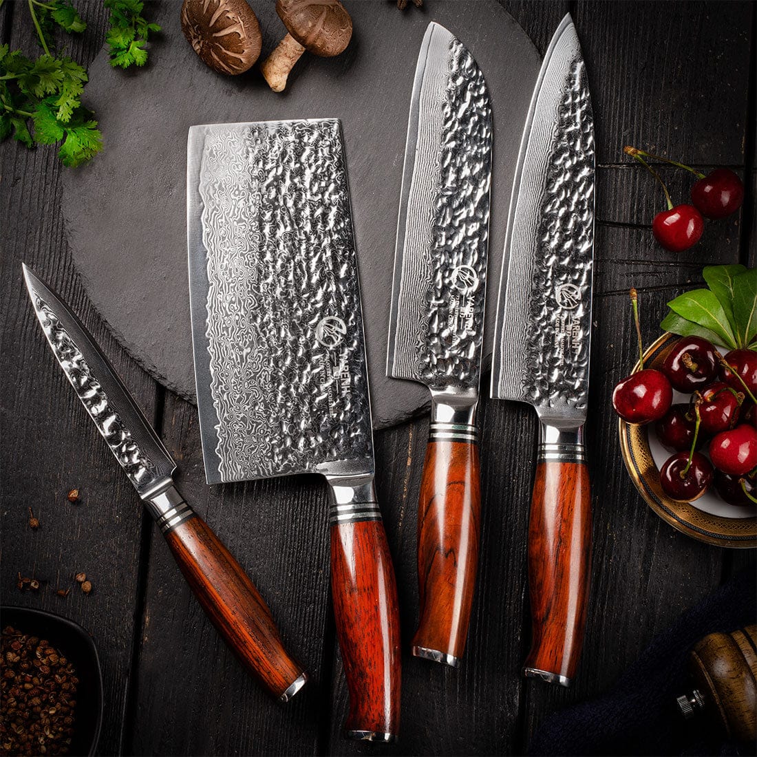 Damascus Chef knife Set with Block 5 Piece-HTT Series yarenh Damascus kitchen knife set