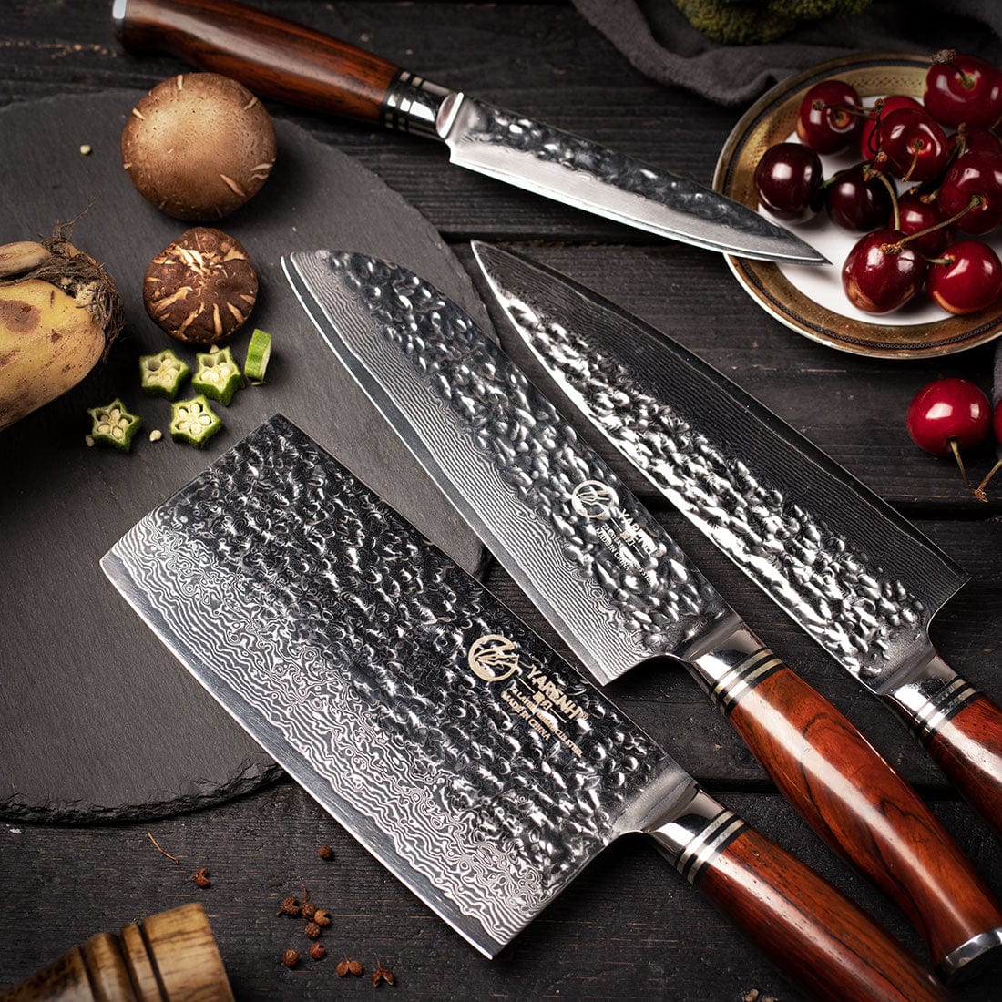 Damascus Chef knife Set with Block 5 Piece-HTT Series yarenh Damascus kitchen knife set