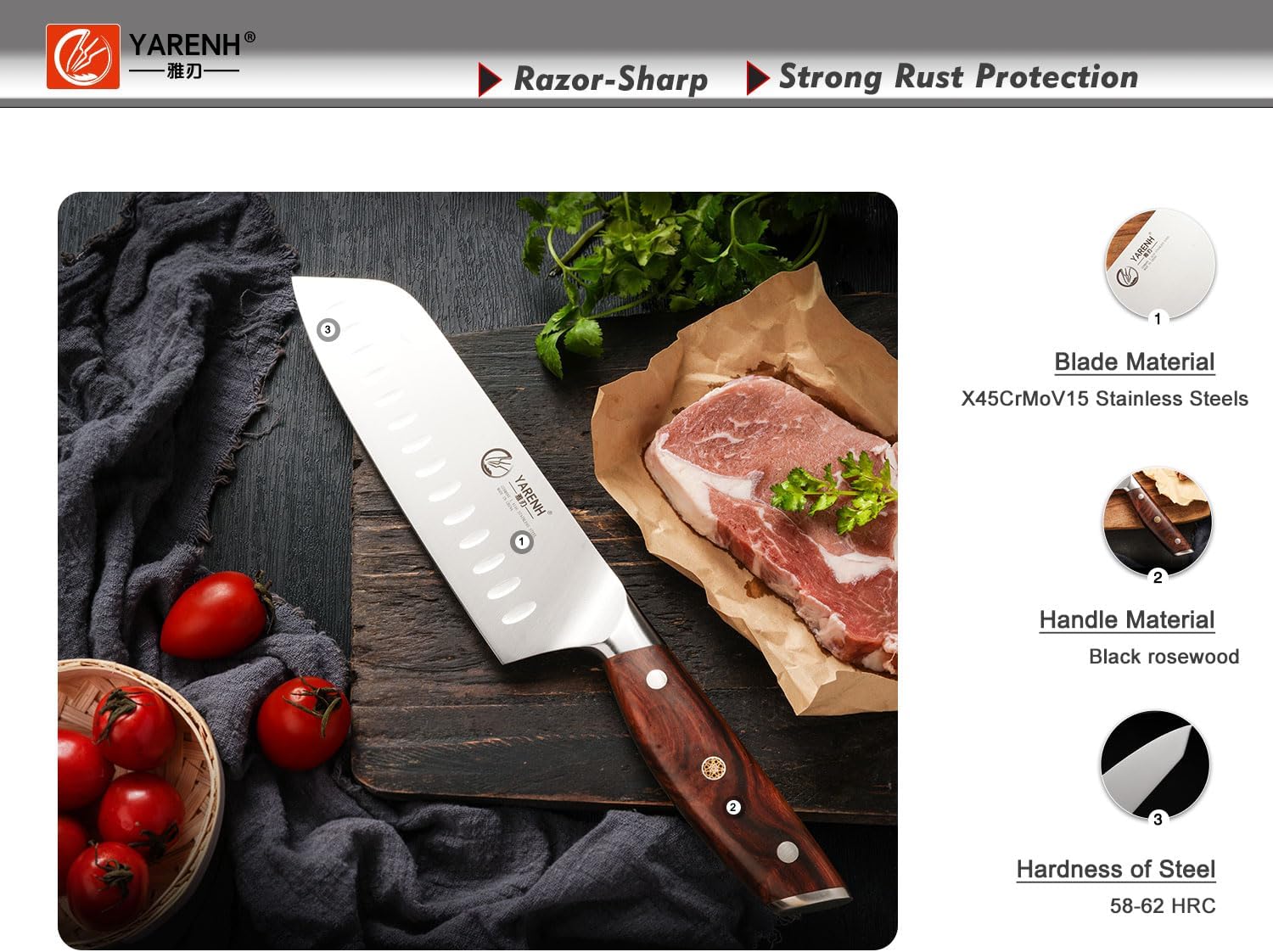 German 1.4116 Steel 7 Inch Santoku Knife - YARENH SZD Series yarenh