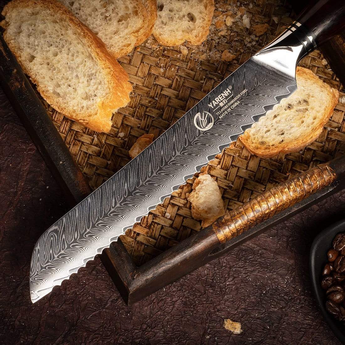 FYW Series - Damascus Serrated Bread Knife 8 inch yarenh Damascus Steel