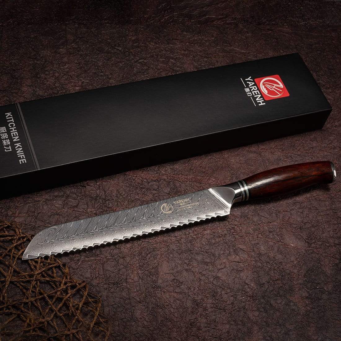 FYW Series - Damascus Serrated Bread Knife 8 inch yarenh Damascus Steel