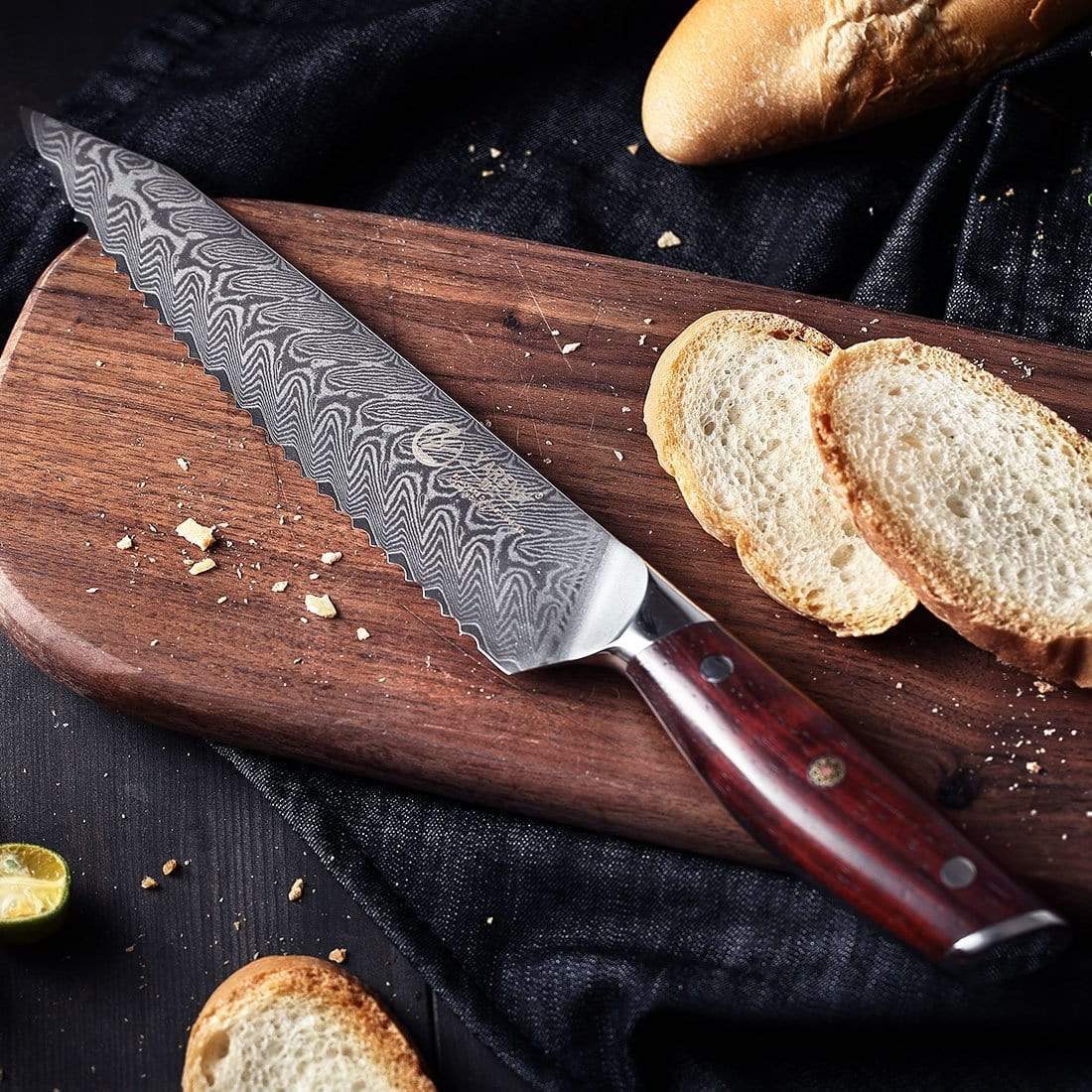 KTF Series - Damascus Serrated bread knife 8 inch yarenh Damascus Steel